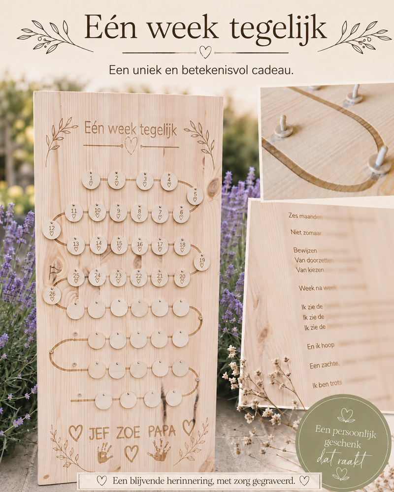 Van idee tot realisatie… Een uniek en betekenisvol cadeau, gegraveerd met zorg en volledig op maat gemaakt. Dit bord vertelt een persoonlijk verhaal: week na week, stap voor stap. Een blijvende herinnering in hout.